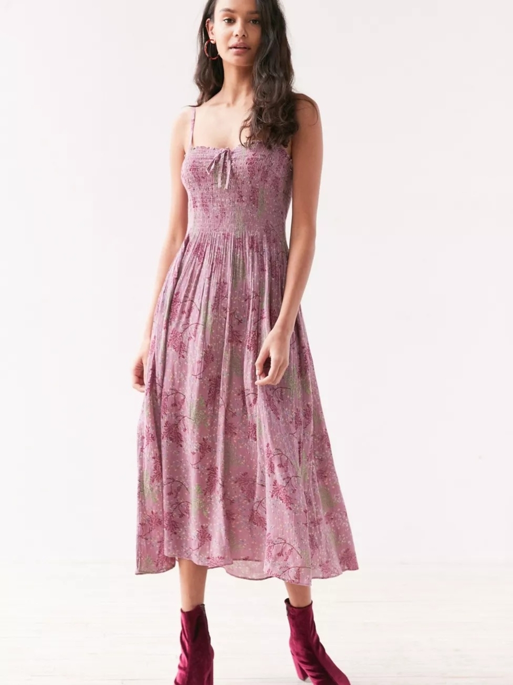 Kimchi Blue Floral Smocked Midi Dress Dusty Purple Urban Outfitters XS